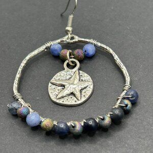 Silver Star Fish Hoop Earrings Handmade Wire Wrapped with Lapis Lazuli Beads